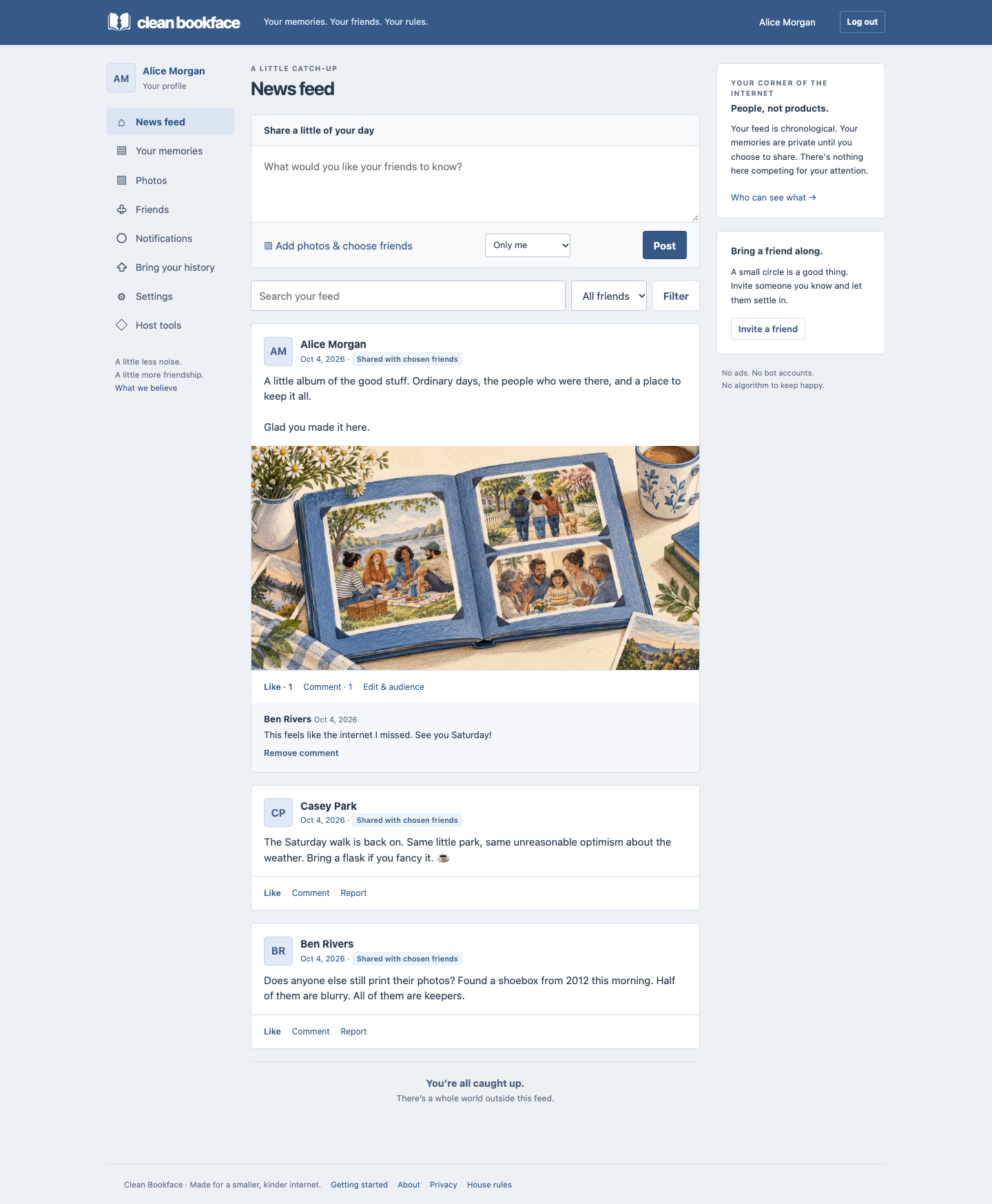 Working Clean Bookface app: blue navigation, a chronological feed, and private memories in the sidebar